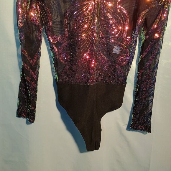 Black Sheer Sequin Bodysuit Women’s Long Sleeve Sparkly Mesh Party Club wear. - Picture 2 of 5
